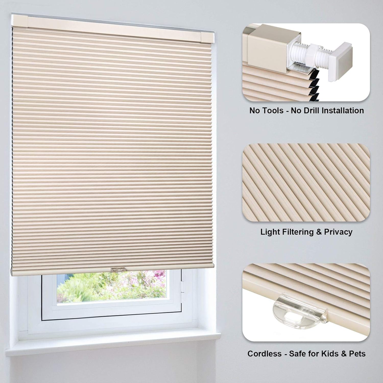 LazBlinds Cordless Cellular Shades, No Tools No Drill Blackout Honeycomb Shades Pleated Blinds for Windows, 33.5'' W x 48'' H, Soft Cream